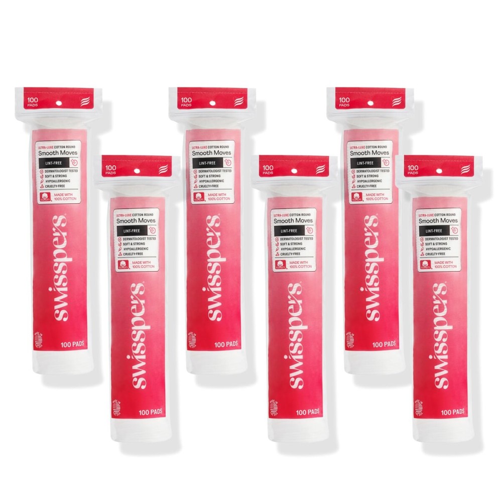 Swisspers Smooth Moves Ultra-Luxe Premium Cotton Rounds, Hypoallergenic Makeup Remover Pads for Sensitive Skin, USA Made, Vegan, Lint-Free, Paraben Free, 100 Count 6-Pack