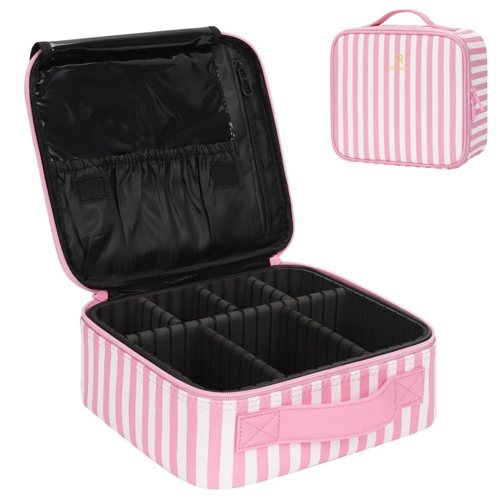 Relavel Travel Makeup Train Case, Cosmetic Case Makeup Organizer, Professional Artist Storage Bag with Adjustable Dividers for Cosmetics Brushes, Birthday Gifts for Girls and Women, Pink Stripe