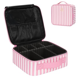 Relavel Travel Makeup Train Case, Cosmetic Case Makeup Organizer, Professional Artist Storage Bag with Adjustable Dividers for Cosmetics Brushes, Birthday Gifts for Girls and Women, Pink Stripe
