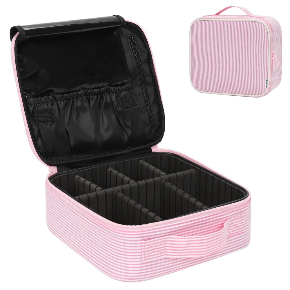 Relavel Travel Makeup Train Case, Portable Cosmetic Case Makeup Organizer, Professional Artist Storage Bag with Adjustable Dividers for Cosmetics Brushes, Birthday Gifts for Girls, Pink Stripe