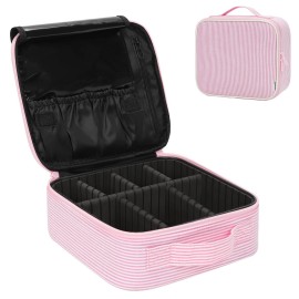 Relavel Travel Makeup Train Case, Portable Cosmetic Case Makeup Organizer, Professional Artist Storage Bag with Adjustable Dividers for Cosmetics Brushes, Birthday Gifts for Girls, Pink Stripe