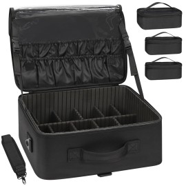 Relavel Large Makeup Bag with 3 Removable Pouches, Travel Train Case Cosmetic Organizer Carrying Box for Makeup Artists Hairstylist with Adjustable Dividers, Brush Holder and Shoulder Strap, Black