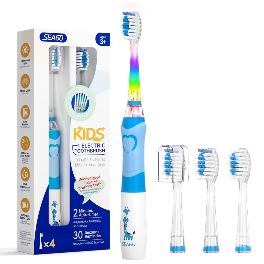 SEAGO Kids Electric Toothbrush with 2 Mins Brushing Timer and 4 Replacement Bursh Heads, Rainbow LED Light Make Brushing Fun, Boys Battery Powerd Toothbrush for 4-12 Years OldSG-977 (Light Blue)