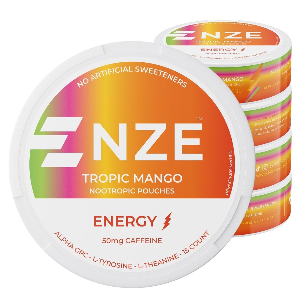 NZE Caffeine Nootropic Pouches (Tropic Mango) - Energy Pouches with 50mg Caffeine, Alpha GPC, L-Tyrosine & L-Theanine - No Sugar or Artificial Sweeteners - 15 Pouches Per Can - 5 Pack