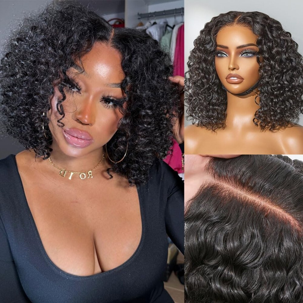 LUVME HAIR 5X5 Deep Curly 12 Inches 100% Human Hair Wigs Curly Deep Wave Glueless Lace Front 12 Inches, Pre Cut Plucked Hd Lace Short Wig Ready To Go Natural Color Straight Bleached Knots Black Wigs