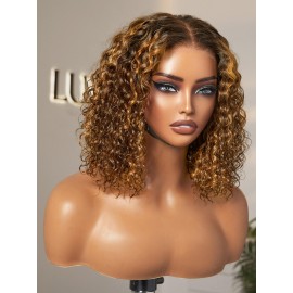 LUVME HAIR 5X5 Deep Curly 10 Inch 100% Human Hair Wigs Curly Deep Wave Glueless Lace Front 10 Inches, Pre Cut Plucked Hd Lace Short Wig Ready To Go Mix Brown Color Straight Bleached Knots Black Wigs