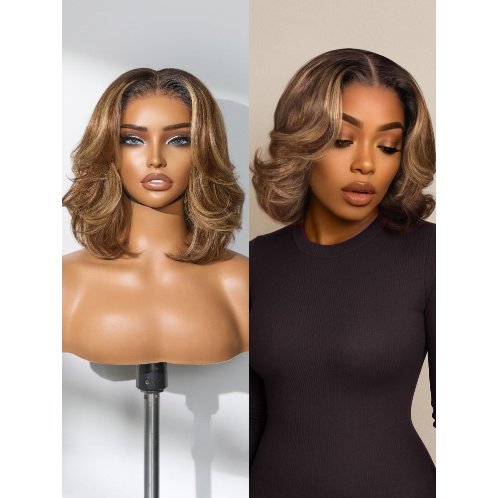 LUVME HAIR 5X5 Layer Cut Bob Wig 100% Human Hair 10 Inches Highlight Mix Brown Glueless Wigs Human Hair Pre Plucked Pre Cut Ready to Go Wig 200 Density