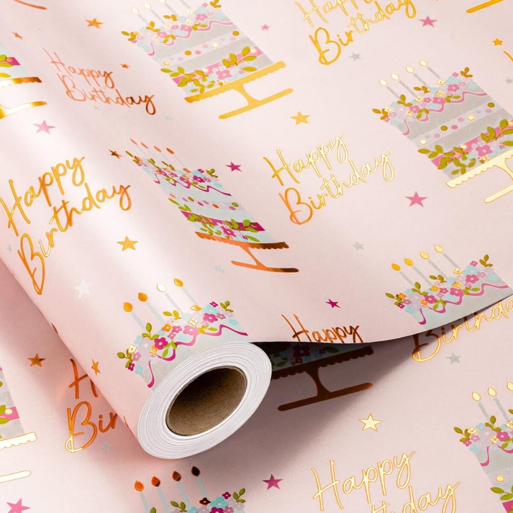MAYPLUSS Birthday Cake Wrapping Paper Roll - 17 Inch X 16.5 Ft - Celebration Cake Design Paper Fun Candle Print w/Gold Shine Birthday Party Theme Gift Wrap Pastel for Wedding, Bridal Shower & Holiday