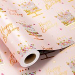 MAYPLUSS Birthday Cake Wrapping Paper Roll - 17 Inch X 16.5 Ft - Celebration Cake Design Paper Fun Candle Print w/Gold Shine Birthday Party Theme Gift Wrap Pastel for Wedding, Bridal Shower & Holiday