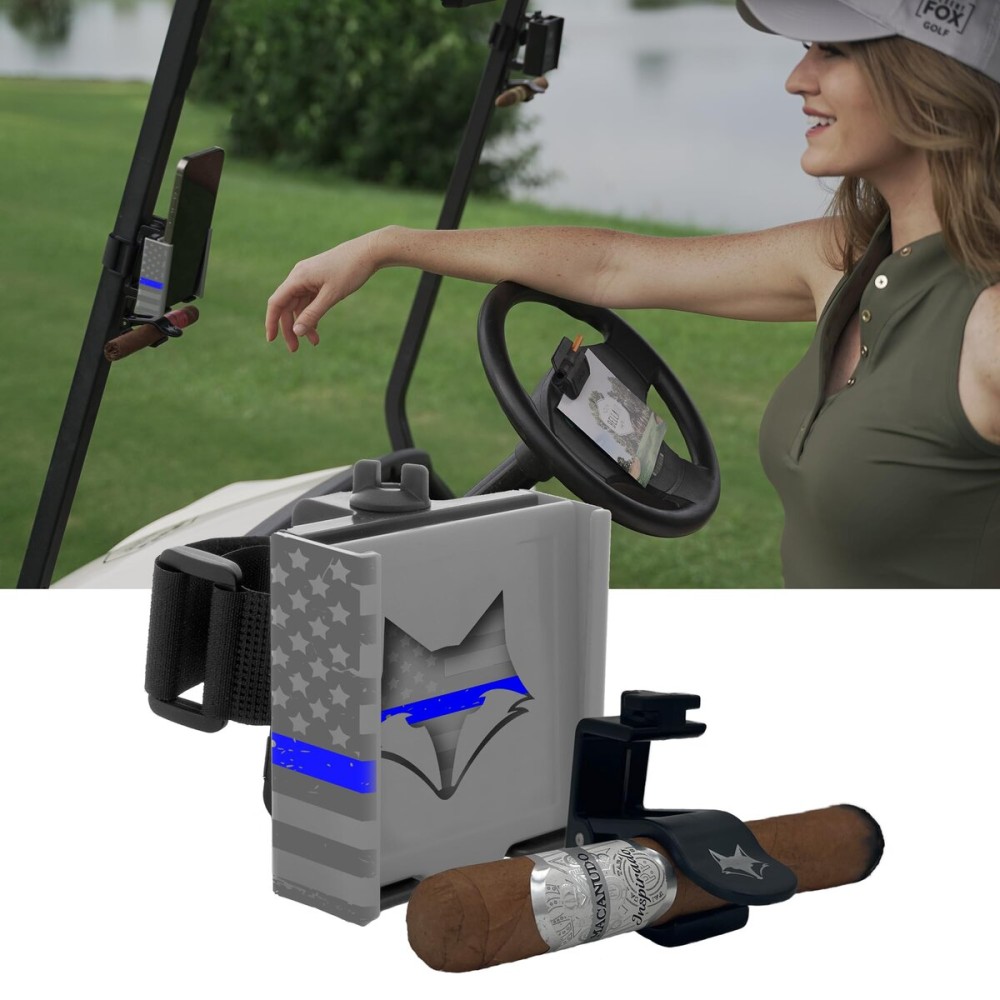 DESERT FOX GOLF Phone Caddy w/Cigar Holder - American Flag Golf Cart Phone Mount - Universal Fit, Secure Strap, One-Hand Access, Patriotic Golf Accessory (Blue Line)