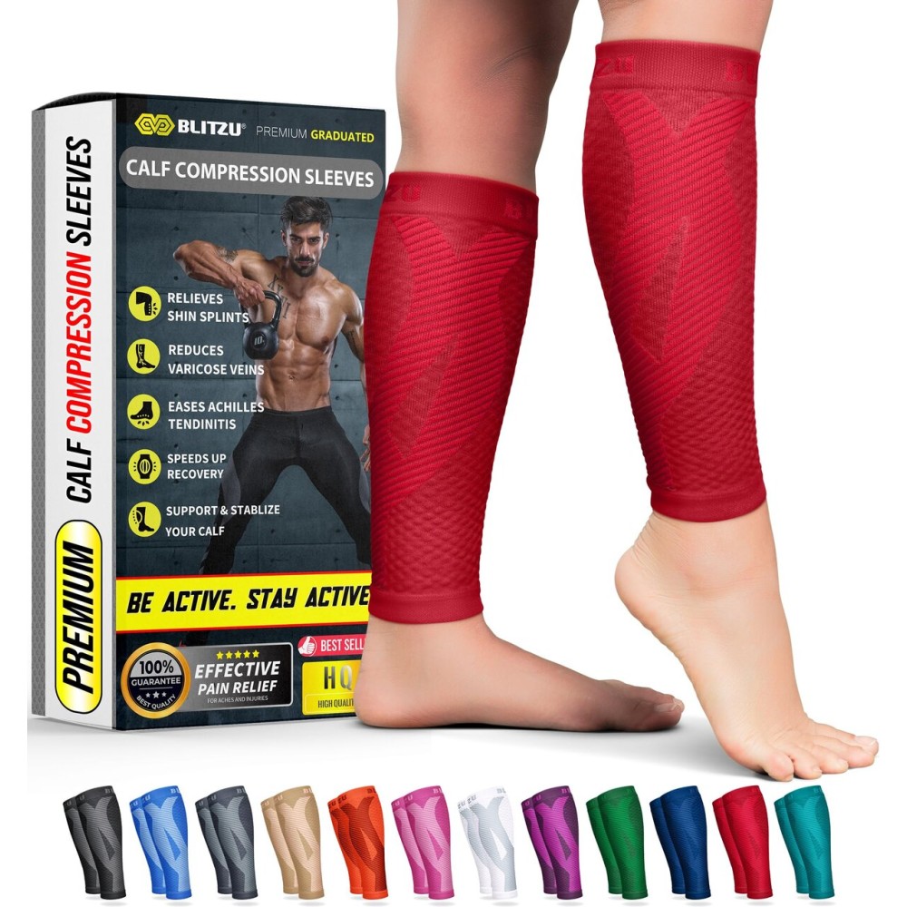 BLITZU Calf Compression Sleeves for Men and Women. Footless Compression Socks Support for Varicose Vein, Nursing, Running. Leg Sleeve Brace for Shin Splints, Pain Relief & Reduces Swelling Red L-XL