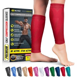 BLITZU Calf Compression Sleeves for Men and Women. Footless Compression Socks Support for Varicose Vein, Nursing, Running. Leg Sleeve Brace for Shin Splints, Pain Relief & Reduces Swelling Red L-XL