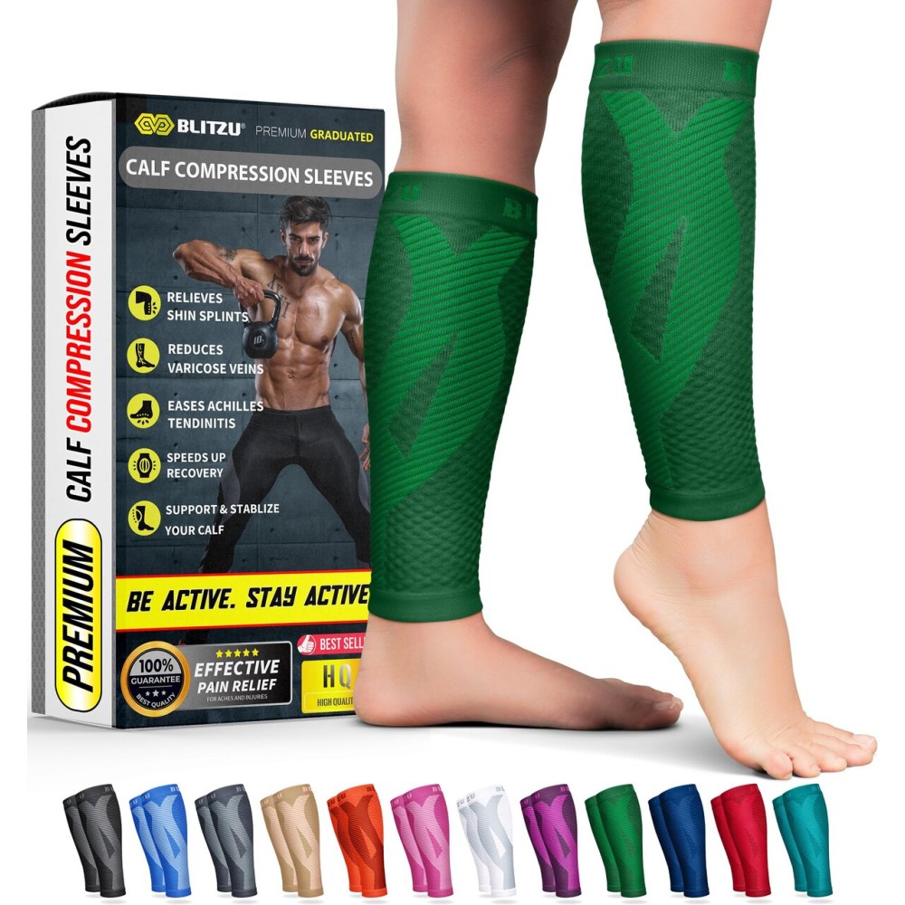 BLITZU Calf Compression Sleeves for Men and Women. Footless Compression Socks Support for Varicose Vein, Nursing, Running. Leg Sleeve Brace for Shin Splints, Pain Relief & Reduces Swelling Green XXL