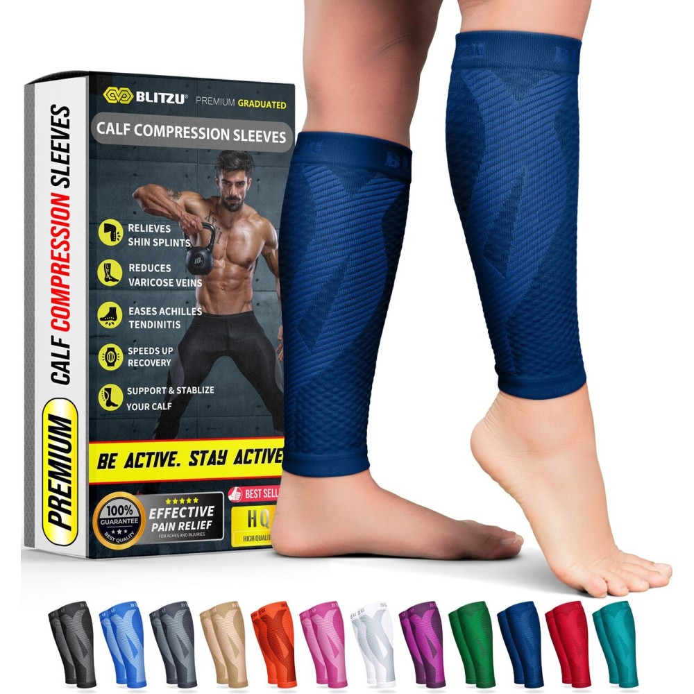 BLITZU Calf Compression Sleeves for Men and Women. Footless Compression Socks Support for Varicose Vein, Nursing, Running. Leg Sleeve Brace for Shin Splints, Pain Relief & Reduces Swelling Navy XXL