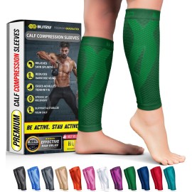 BLITZU Calf Compression Sleeves for Men and Women. Footless Compression Socks Support for Varicose Vein, Nursing, Running. Leg Sleeve Brace for Shin Splints, Pain Relief & Reduces Swelling Green S-M