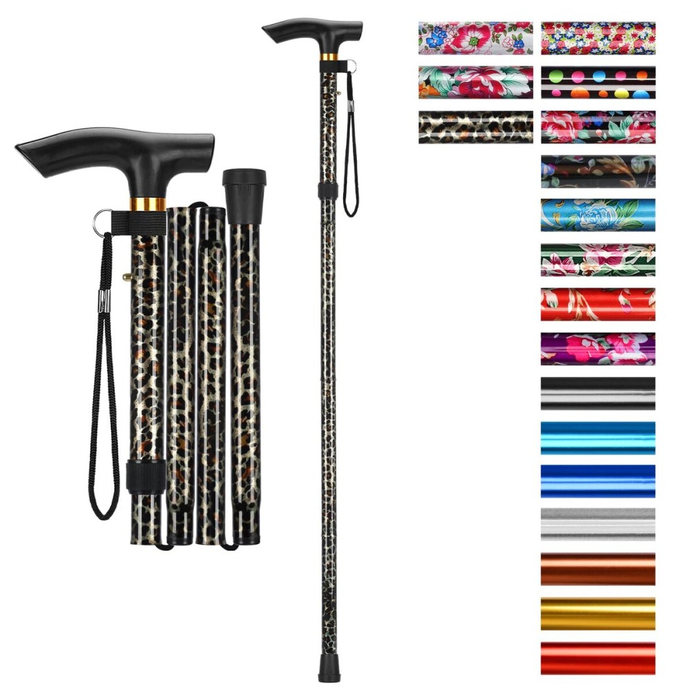 supregear Folding Cane, 5-Level Adjustable Height Walking Stick Lightweight Collapsible Portable Travel Cane with Wrist Strap and T Handle for Elderly Disabled Men Women, Leopard