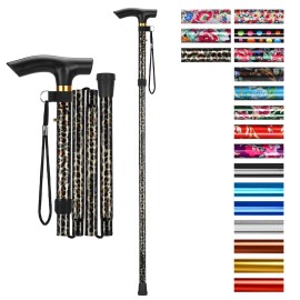 supregear Folding Cane, 5-Level Adjustable Height Walking Stick Lightweight Collapsible Portable Travel Cane with Wrist Strap and T Handle for Elderly Disabled Men Women, Leopard