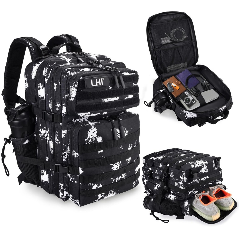 LHI Military Tactical Backpack for Men and Women 45L Army 3 Days Assault Pack Bag Large Rucksack with Shoe Compartment - Black Lightning
