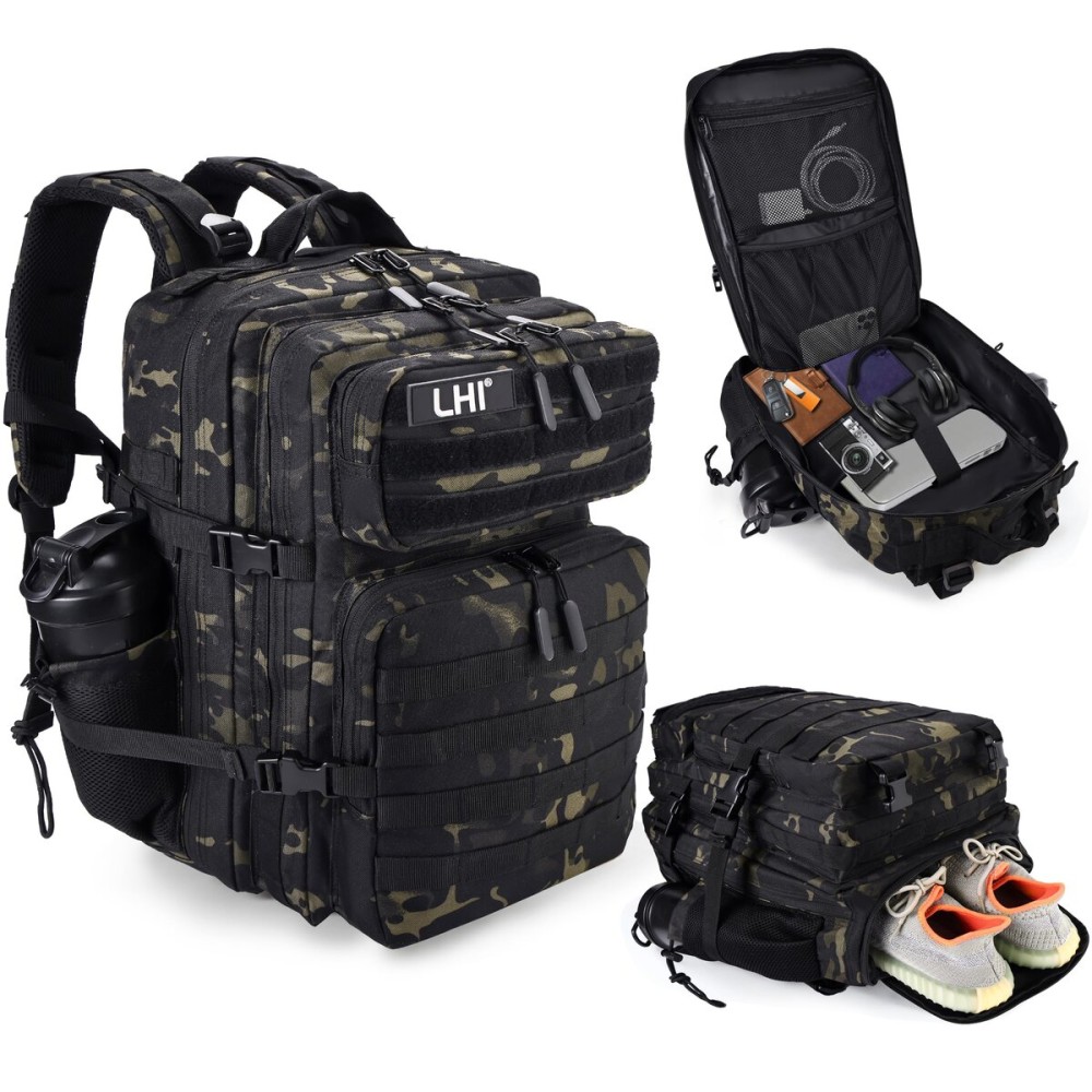 LHI Military Tactical Backpack for Men and Women 45L Army 3 Days Assault Pack Bag Large Rucksack with Shoe Compartment - Black CP