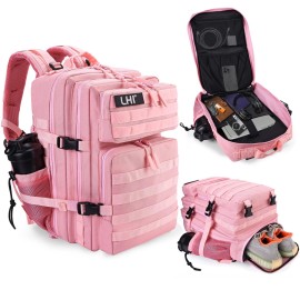 LHI Military Tactical Backpack for Men and Women 45L Army 3 Days Assault Pack Bag Large Rucksack with Shoe Compartment - Pink