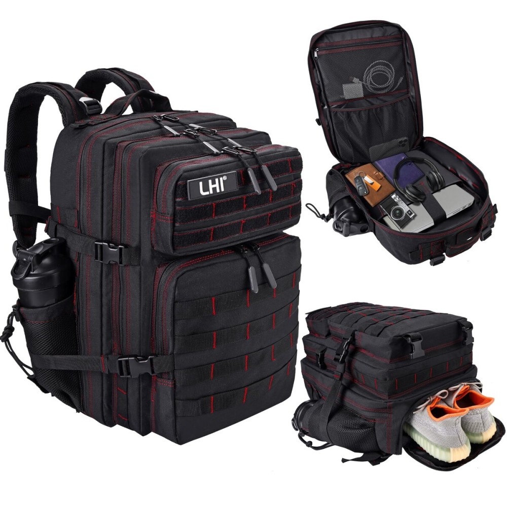 LHI Military Tactical Backpack for Men and Women 45L Army 3 Days Assault Pack Bag Large Rucksack with Shoe Compartment - Black red line