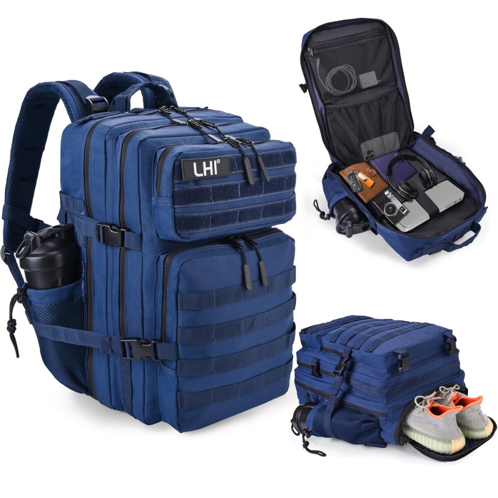 LHI Military Tactical Backpack for Men and Women 45L Army 3 Days Assault Pack Bag Large Rucksack with Shoe Compartment - Black and White