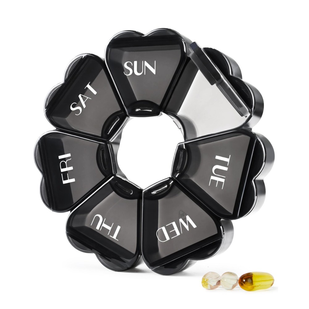 MOLN HYMY Large Pill Organizer 7 Day, Pretty Weekly Pill Box Case, Girly Medicine Dispenser Container for Vitamin, Gummy, Medication, Supplement (Black)