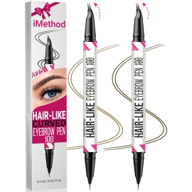 iMethod Curved Eyebrow Pen - Eyebrow Pencil, 2 Count Brow Pencil Dual-Ended with Curved Tip and Precise Brush-Tip for Natural Hair-Like Brows, Last All-Day, Light Brown and Brown Each