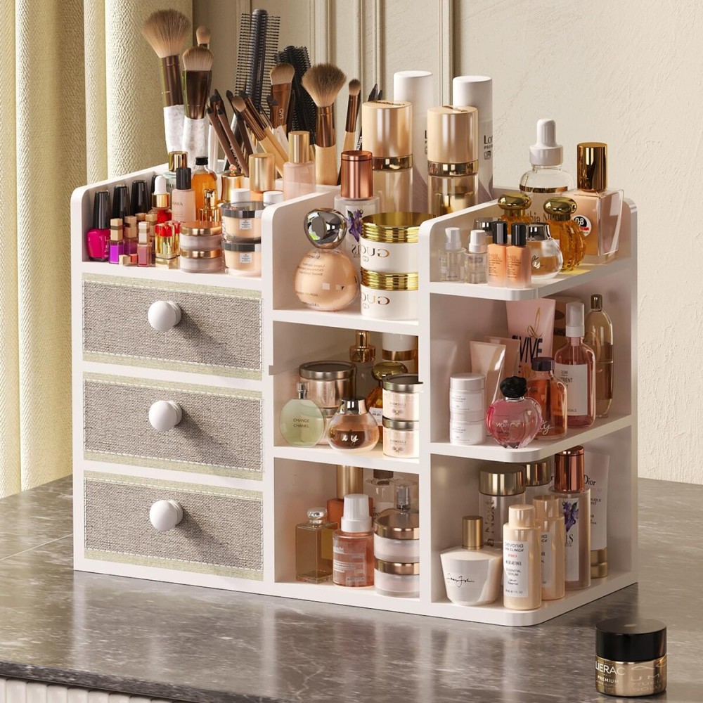 Large Makeup Organizer Countertop With Brush Holder Drawer For Vanity,Bamboo Bathroom Counter Organizers And Storage,Cosmetic Skincare Perfume Organizer,Easy To Store Nail Polish, Lipstick, Eyeshadow