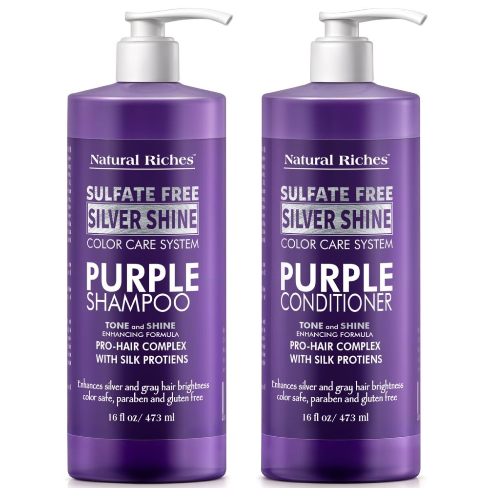 Natural Riches Radiant Silver Shine Purple Shampoo and Conditioner Set for Gray Hair - Paraben-Free and Color Safe - With Silk Proteins, Tones Dull Hair, Softens & Adds Shine - 16 fl oz
