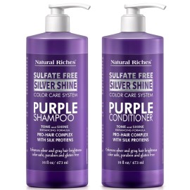Natural Riches Radiant Silver Shine Purple Shampoo and Conditioner Set for Gray Hair - Paraben-Free and Color Safe - With Silk Proteins, Tones Dull Hair, Softens & Adds Shine - 16 fl oz