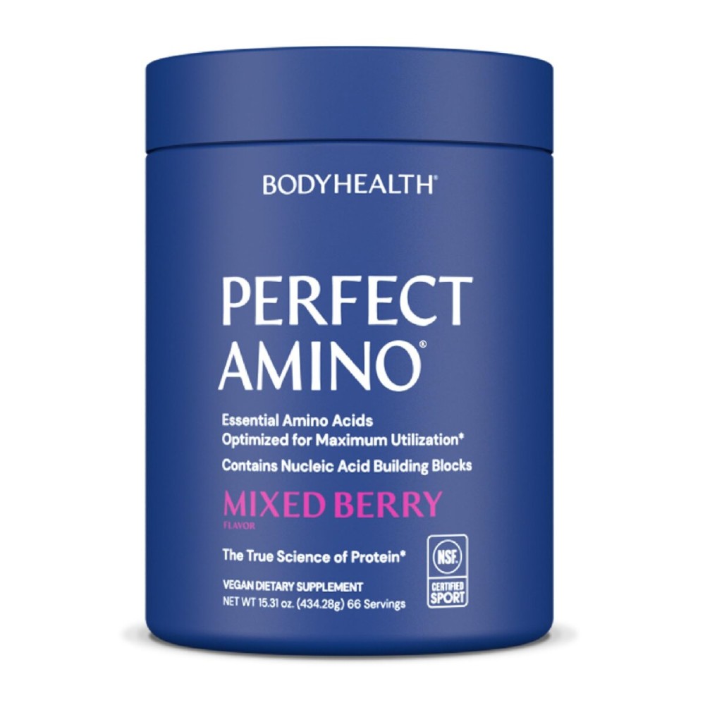 BodyHealth PerfectAmino Powder - BCAA and EAA Powder for Pre and Post Workout - Amino Acid Energy Drink to Support Lean Muscle and Recovery - NSF Certified for Sport - Mixed Berry - 66 Servings