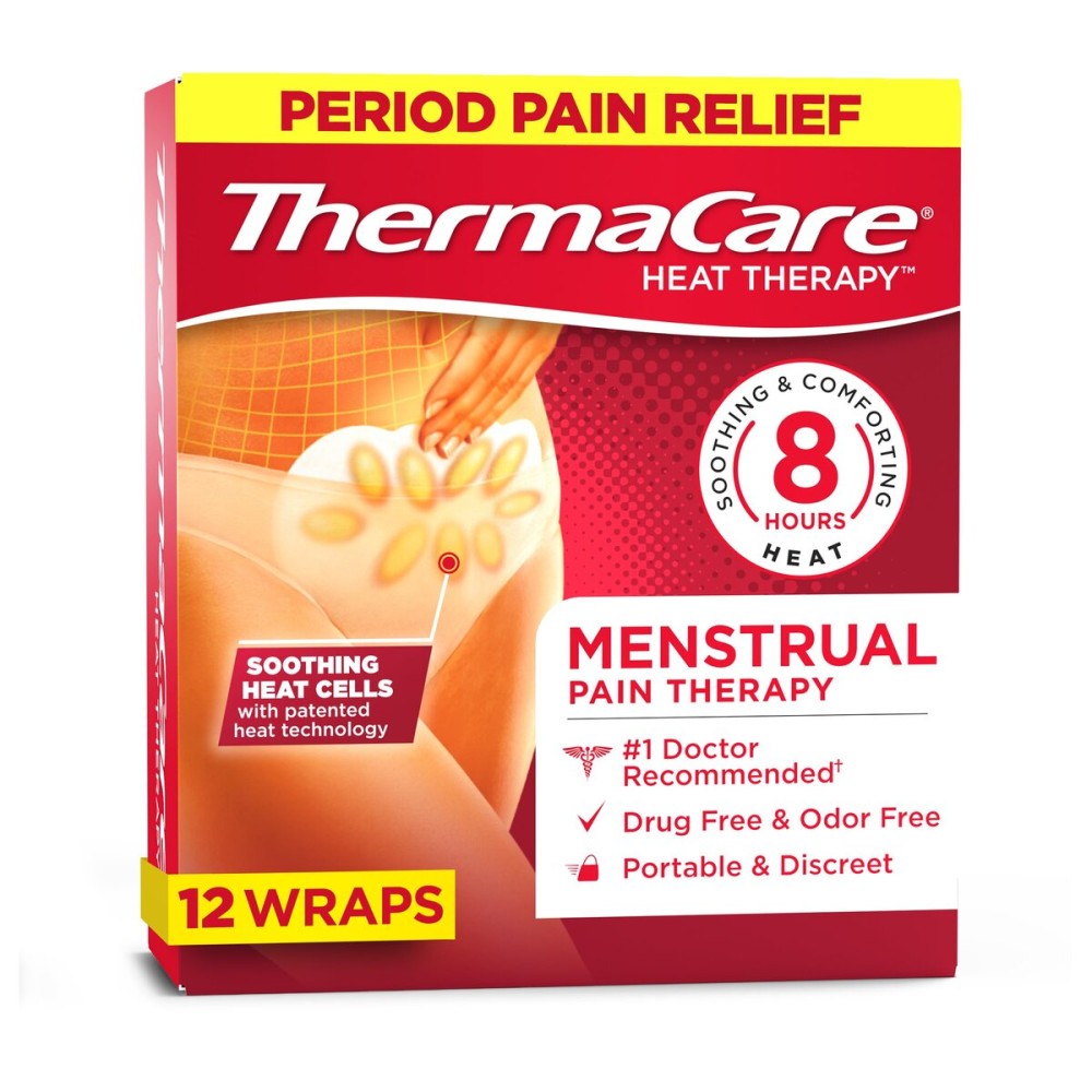 ThermaCare Menstrual Heating Pads - Portable, Adhesive HeatWraps for Period Cramps & Backache Relief - Discreet, Cord-Free Heat Therapy - Up to 8 Hours of Relief - (Pack of 12)