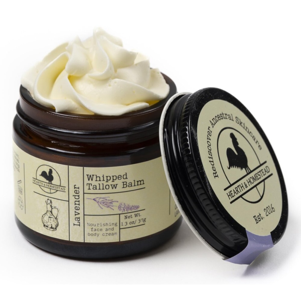 Hearth and Homestead: Handmade Whipped Tallow Balm, Organic, Moisturizer, Body Butter with Infused Olive Oil, for Eczema, Rosacea, Baby (Lavender)