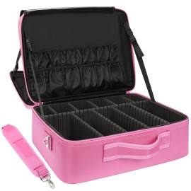Relavel Extra Large Makeup Case Travel Train Case Professional Makeup Artist Bag Portable Nail Organizer Box Art Supply Case with Adjustable Dividers/Attach to Trolley/Shoulder Strap (Rose Pink)