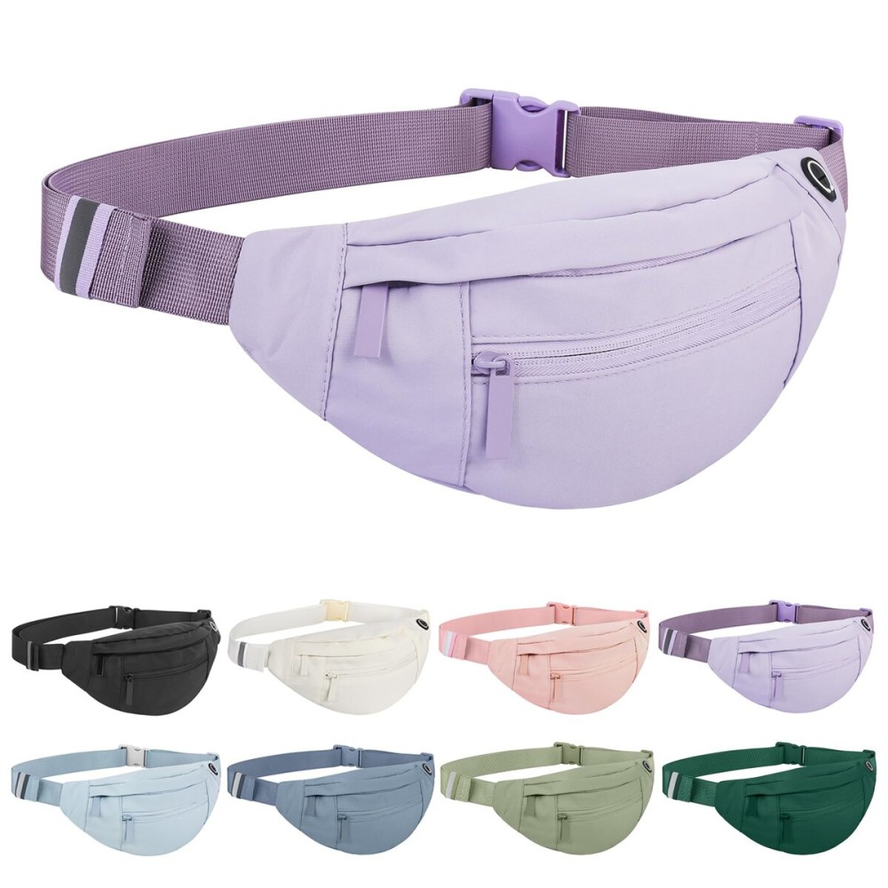 Frenou Large Waist Bag With 4-Zipper Pockets-Fanny Pack For Women And Man-Crossbody Belt Bag With Adjustable Strap For Travel Running Hiking Walking Workout Light Purple