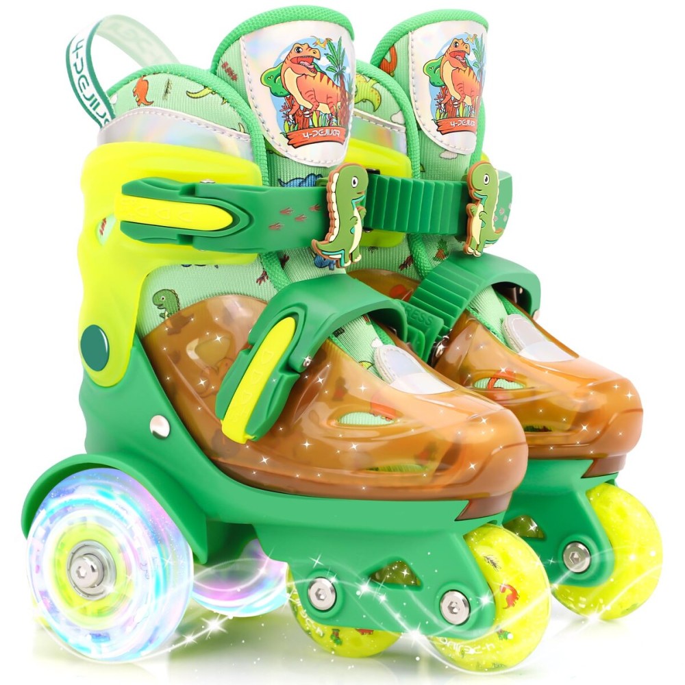 Adjustable Roller Skates for Kids Boys 5-12, Children\'s Light-Up Shoes Toddler Age 3-5 Gift Box Packing for Toddlers Dinosaur Green