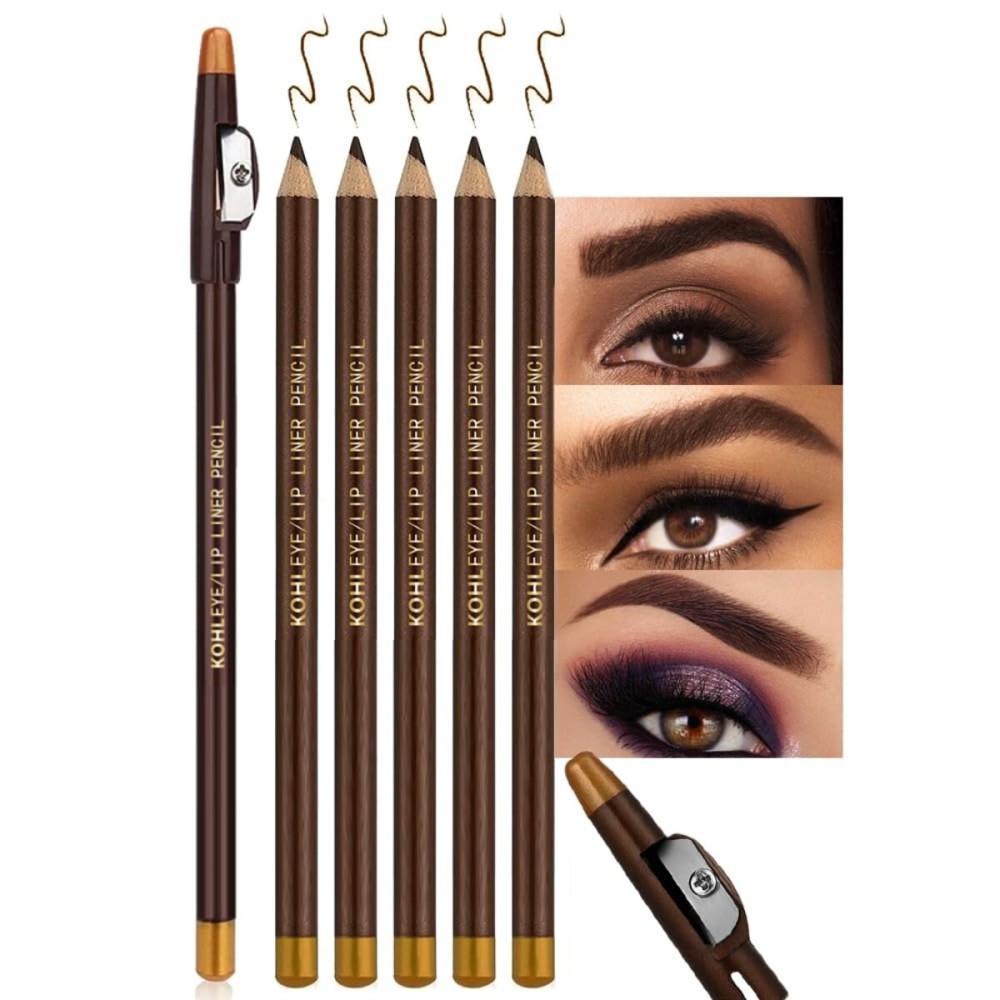 FeiCuiYun 5Pcs Wooden Hard-Core Eyebrow Pencils for Women, Dark Brown Eyebrow and Eyeliner Pencil, Long Lasting Waterproof and Sweat-Proof, Beginner Makeup Brow Pencil, Create a Natural Eye Brow
