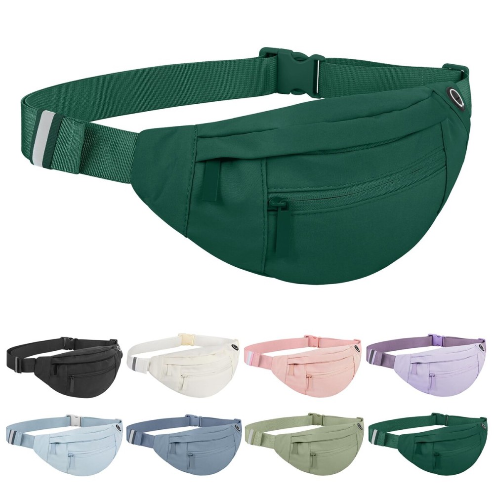 Frenou Large Waist Bag With 4-Zipper Pockets-Fanny Pack For Women And Man-Crossbody Belt Bag With Adjustable Strap For Travel Running Hiking Walking Workout Deep Green