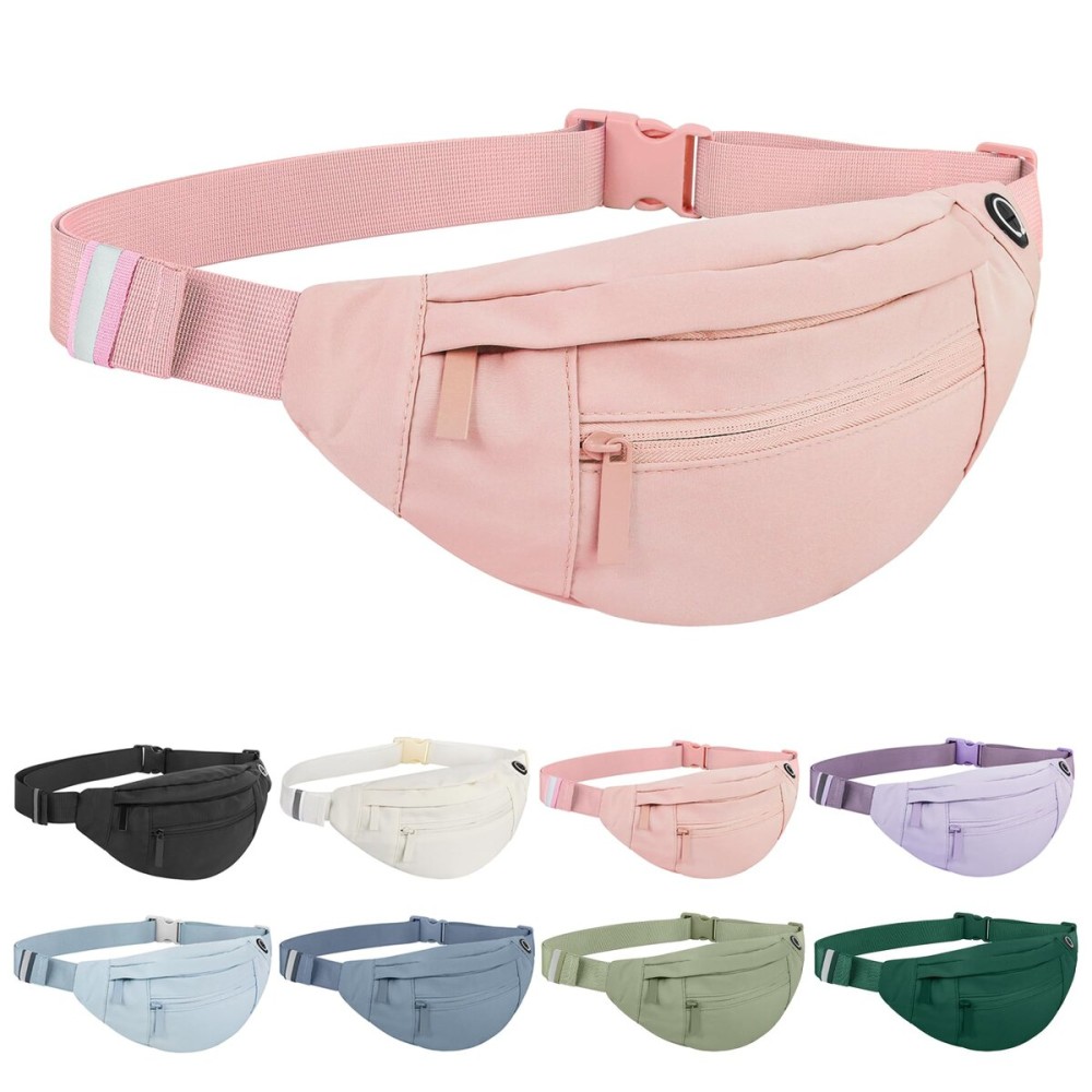 Frenou Large Waist Bag With 4-Zipper Pockets-Fanny Pack For Women And Man-Crossbody Belt Bag With Adjustable Strap For Travel Running Hiking Walking Workout Light Pink