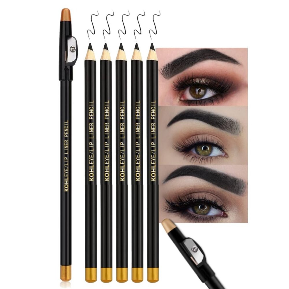 FeiCuiYun 5Pcs Wooden Hard-Core Eyebrow Pencils for Women, Black Eyebrow and Eyeliner Pencil, Long Lasting Waterproof and Sweat-Proof, Beginner Makeup Brow Pencil, Create a Natural Eye Brow Makeup