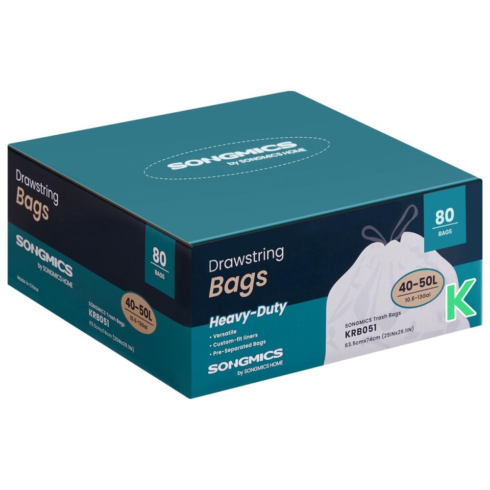 SONGMICS Trash Bags for 13-Gallon (50 L) Trash Cans, Drawstring Kitchen Garbage Bags, Pre-Separated, Quick-Dispense Box, Liner Code K, 2 Rolls, 80 Count, White UKRB051A02