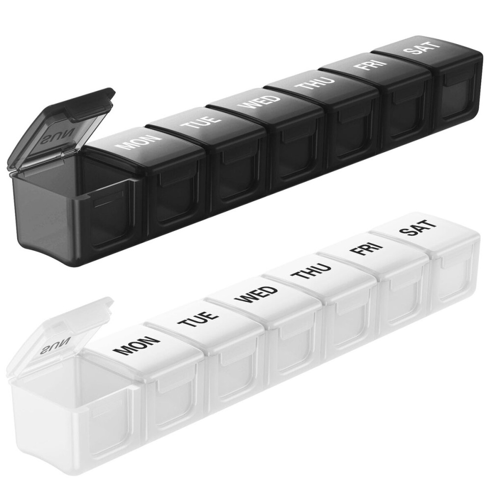BUG HULL Weekly Pill Organizer Large 2 Packs, Extra Large Travel Pill Organizers, Pill Box 7 Day, Travel Pill Case, Medicine Pill Organizer for Vitamins, Supplements and Medications (Black+White)