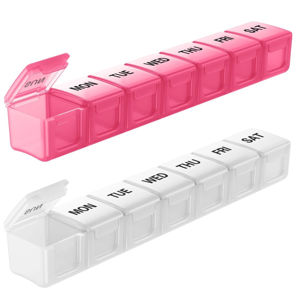 BUG HULL Weekly Pill Organizer Large 2 Packs, Extra Large Travel Pill Organizers, Pill Box 7 Day, Travel Pill Case, Medicine Pill Organizer for Vitamins, Supplements and Medications (White+Pink)