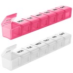 BUG HULL Weekly Pill Organizer Large 2 Packs, Extra Large Travel Pill Organizers, Pill Box 7 Day, Travel Pill Case, Medicine Pill Organizer for Vitamins, Supplements and Medications (White+Pink)