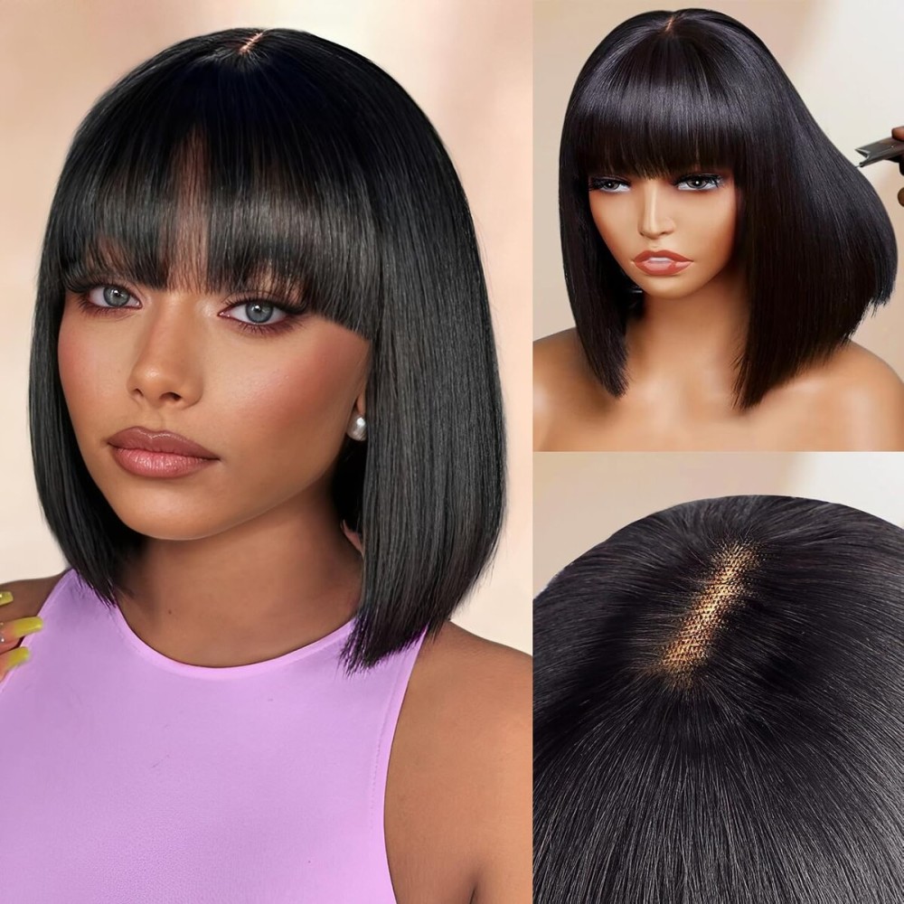 Lativ Bob Wig with Bangs Human Hair 4x2 Lace Bob Wig Human Hair with Bangs 150% Density Middle Part Natural Black(10 Inch,Bob With Bangs)
