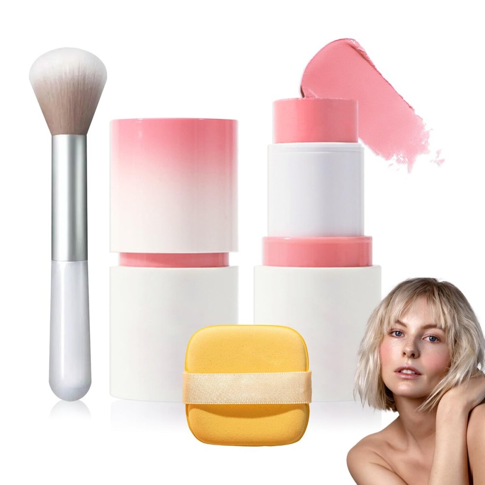 Cream Blush Stick with Brush and Makeup Sponge,Waterproof Multi Cream Makeup Stick,Lightweight,Long-lasting,2 in 1 Multi Blush for Cheeks & Lip Tint & Eyeshadow F