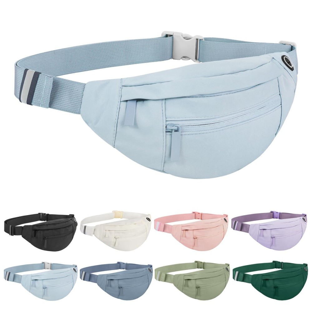 Frenou Large Waist Bag With 4-Zipper Pockets-Fanny Pack For Women And Man-Crossbody Belt Bag With Adjustable Strap For Travel Running Hiking Walking Workout Light Blue