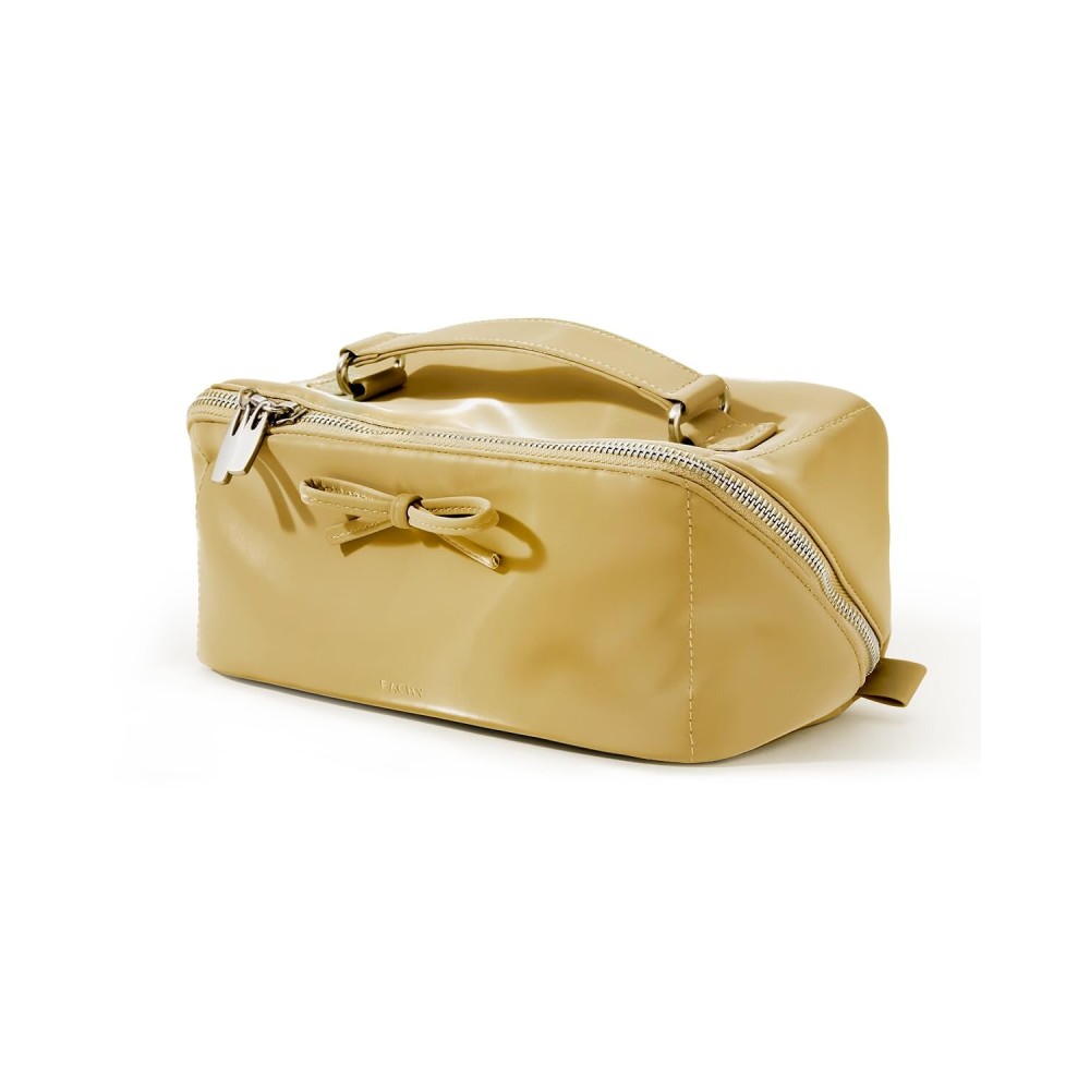 EACHY Makeup Bag, Large Capacity Cosmetic Bags for Women, Waterproof Pearl-Sheen PU Toiletry Bag with Flat-Open Design and Makeup Brush Organizer