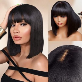 Lativ Bob Wig with Bangs Human Hair 4x2 Lace Bob Wig Human Hair with Bangs 150% Density Middle Part Natural Black(12 Inch,Bob With Bangs)